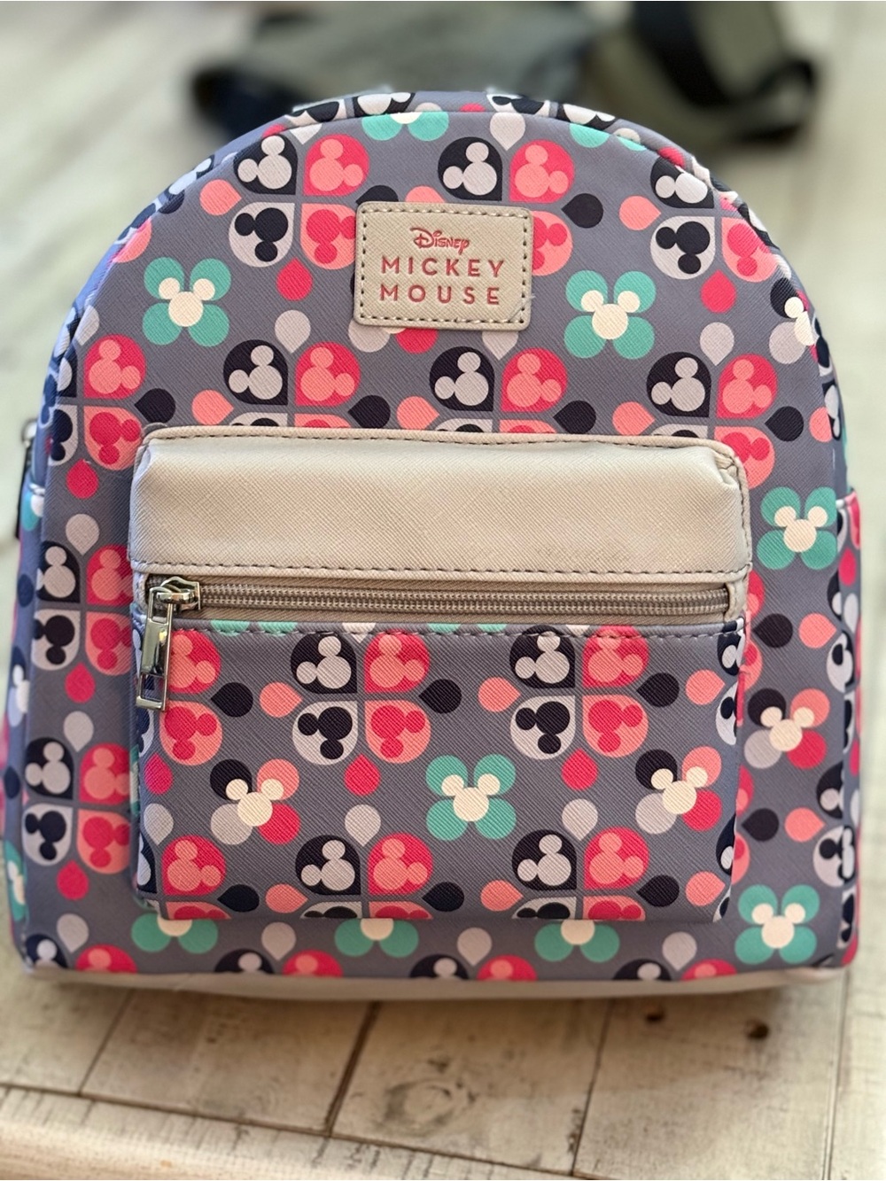 Disney Mickey Mouse Floral Pattern Mini Backpack - Pink, Teal & Gray